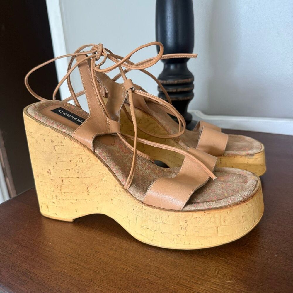 Y2K Candie’s Tan Lace Up Cork Platform Wedge Sandals Women’s Size 10